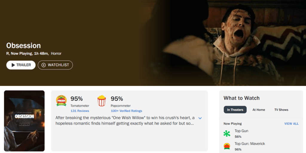 Aprovações de crítica e público de Obsessão no Rotten Tomatoes