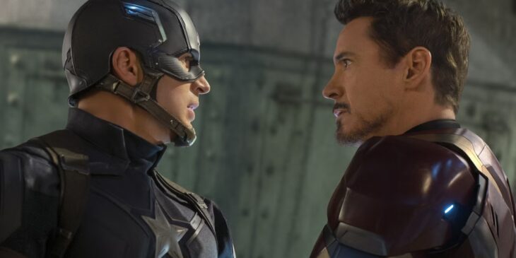 Chris Evans e Robert Downey Jr. em Capitão América: Guerra Civil
