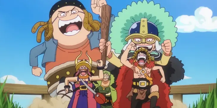 Luffy, Zoro, Usopp e crianças de Elbaf em cena do Episódio 1.164 de One Piece