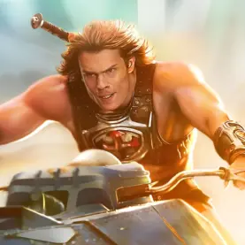 He-Man pilotando veículo em Mestres do Universo