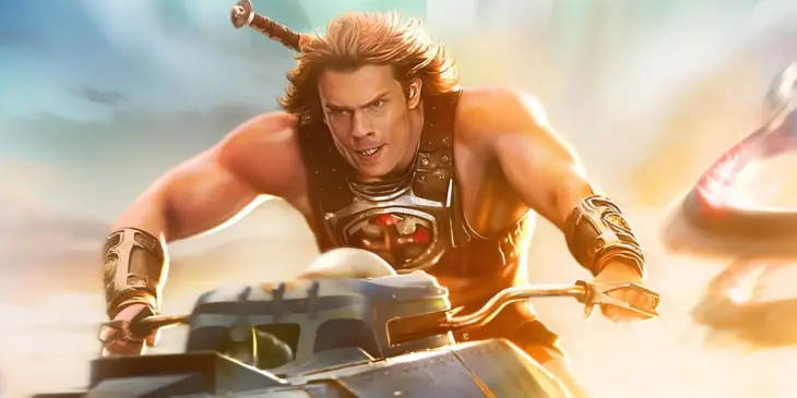 He-Man pilotando veículo em Mestres do Universo