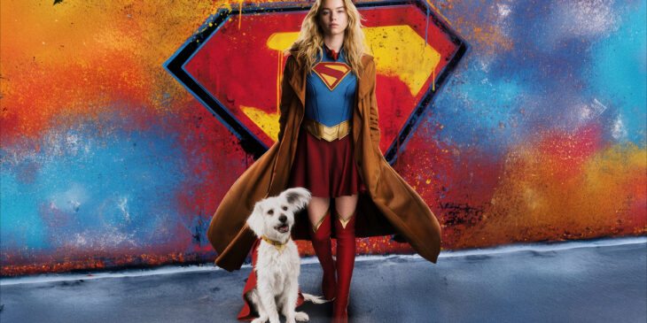 Milly Alcock como Supergirl, ao lado do cachorro Krypto