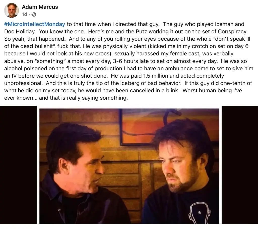 Postagem de Adam Marcus sobre Val Kilmer no Facebook