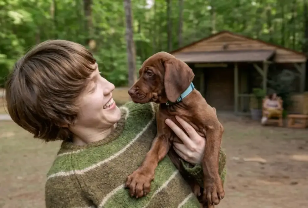 Salsicha (Tanner Hagen) com o filhote de dogue alemão Scooby na série Scooby-Doo: A Origem