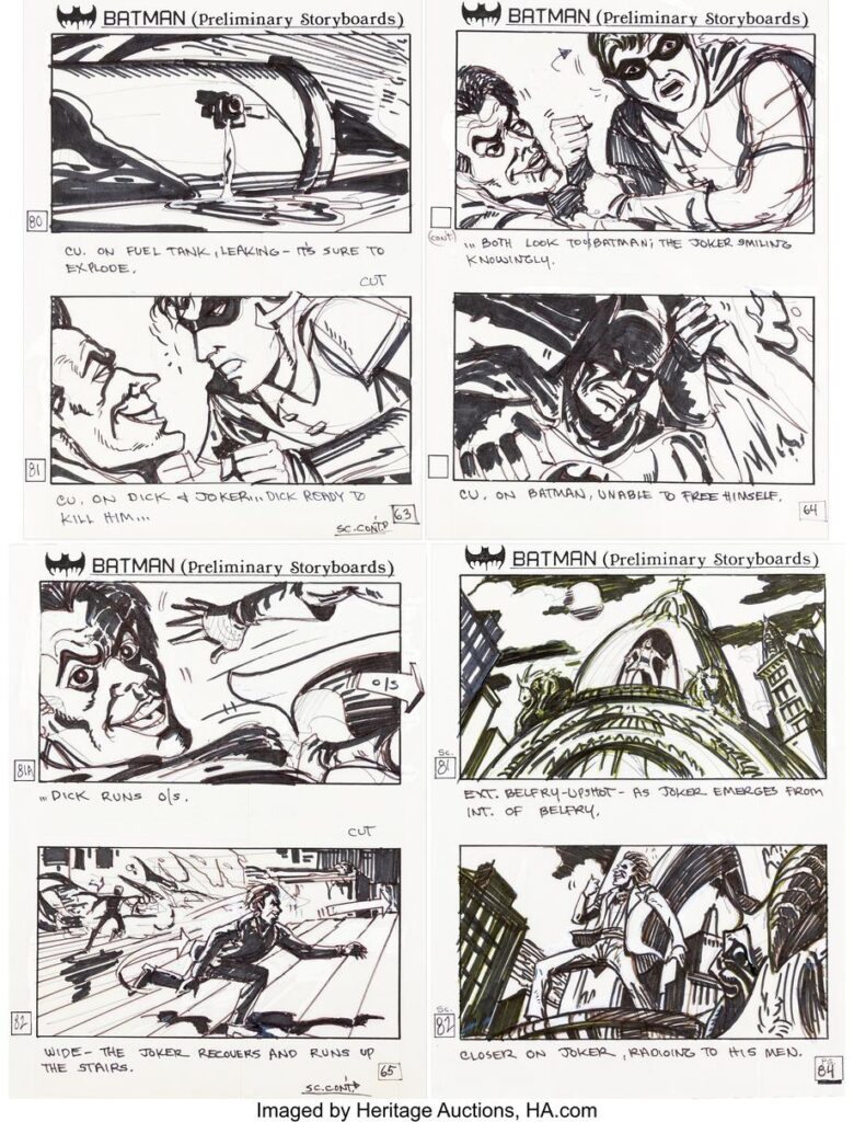 Storyboards de Batman, de 1989, com Robin