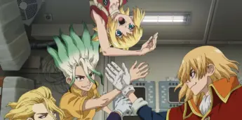 Astronautas em cena do Episódio 35 de Dr. STONE SCIENCE FUTURE