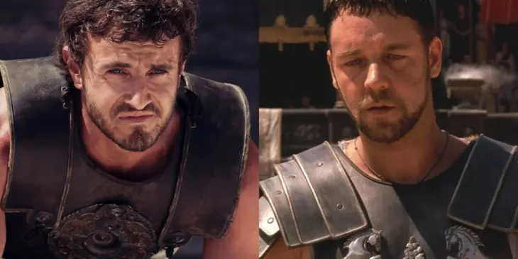 Paul Mescal em Gladiador 2 e Russell Crowe em Gladiador