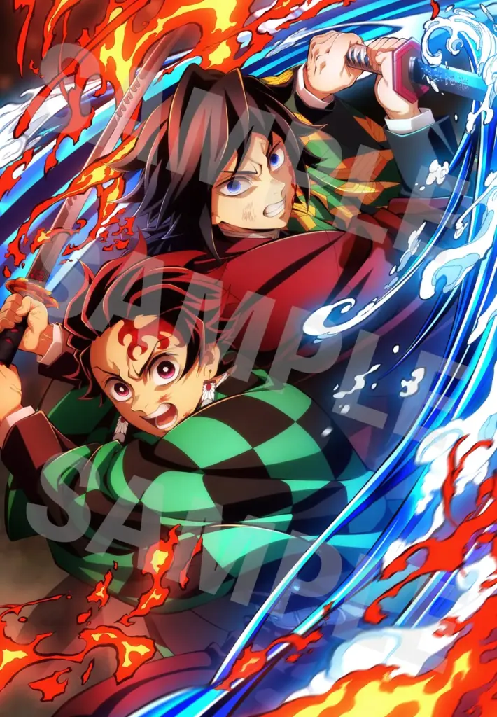 Ilustração bônus de Tanjiro e Giyu para o lançamento em Blu-ray e DVD de Demon Slayer: Castelo Infinito