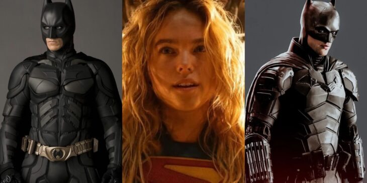 Christian Bale como Batman, Milly Alcock como Supergirl e Robert Pattinson como Batman