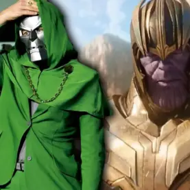 Robert Downey Jr. com a máscara do Doutor Destino e o vilão Thanos