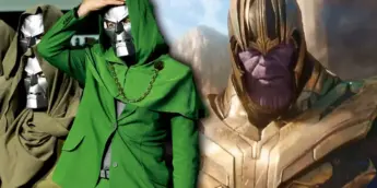 Robert Downey Jr. com a máscara do Doutor Destino e o vilão Thanos