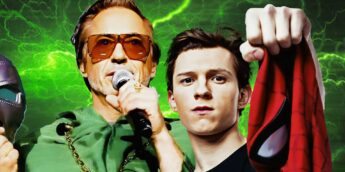 Robert Downey Jr. com a máscara do Doutor Destino e Tom Holland com a máscara do Homem-Aranha