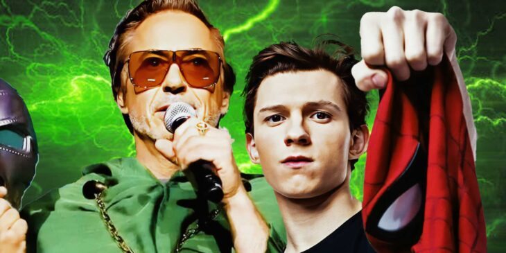 Robert Downey Jr. com a máscara do Doutor Destino e Tom Holland com a máscara do Homem-Aranha