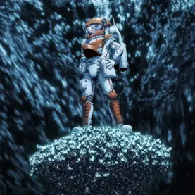 Senku diante de Why-man em pôster do episódio final de Dr. Stone