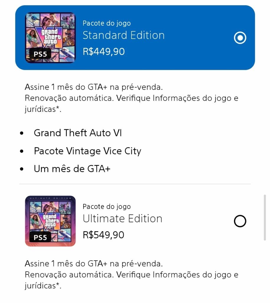 Preços de GTA VI na PlayStation Store brasileira