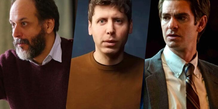 O diretor Luca Guadagnino, o executivo Sam Altman e o ator Andrew Garfield