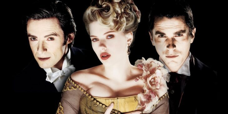 Hugh Jackman, Scarlett Johansson e Christian Bale em O Grande Truque