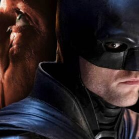 Tom Rhys Harries como Cara-de-Barro e Robert Pattinson como Batman