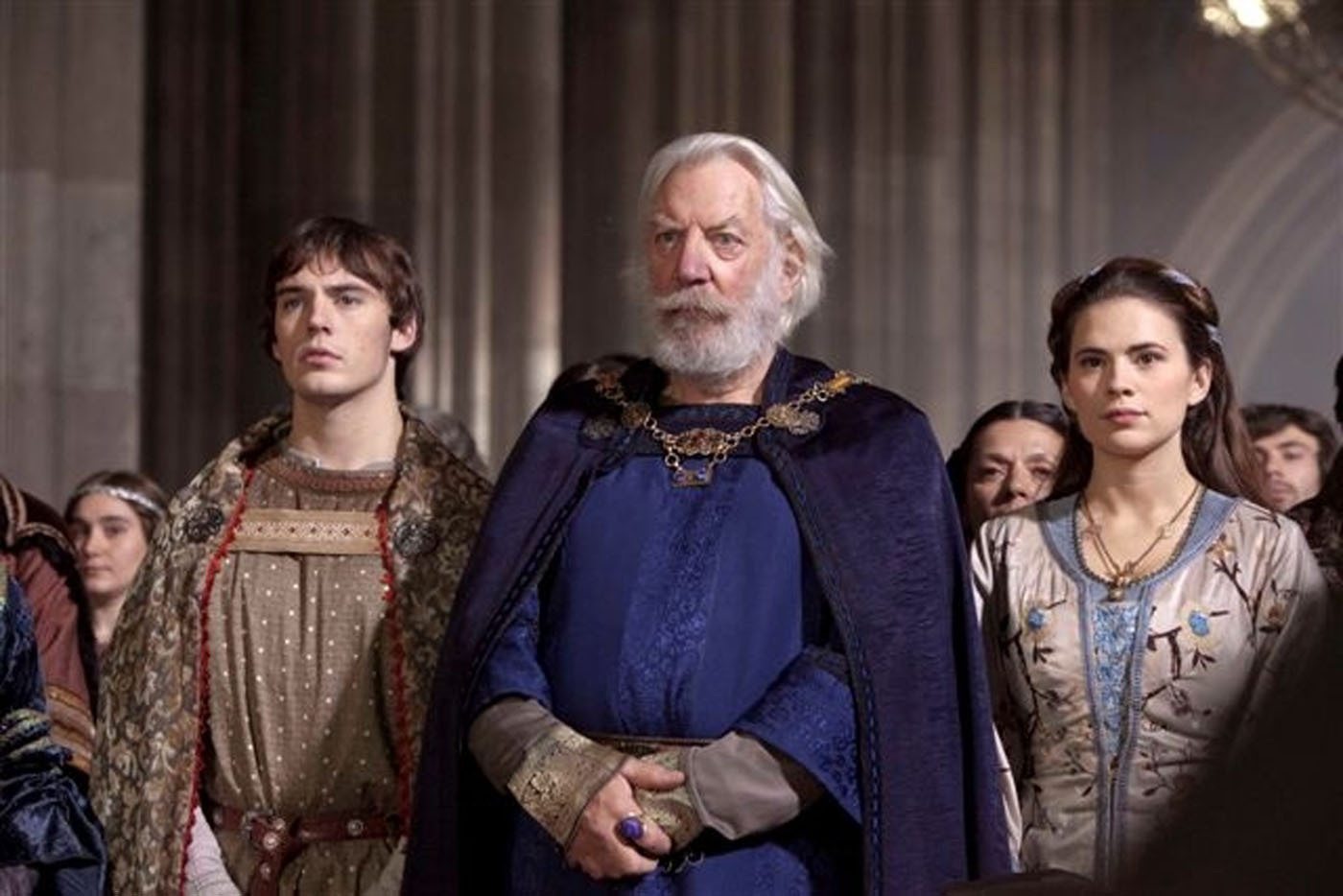 Sam Claflin, left, plays Richard, Donald Sutherland is Bartholomew and Hayley Atwell is Aliena in the Starz Originals event series "The Pillars of the Earth," based on the Ken Follett bestseller and airing this summer on Starz. Photo credit: (C) 2010 Egon Endrenyi. (PRNewsFoto/Starz Entertainment, Egon Endrenyi)